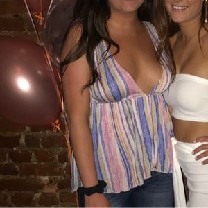 UO Isla Plunging V Neck Babydoll Flowy Tank Top Urban Outfitters Multi Stripe